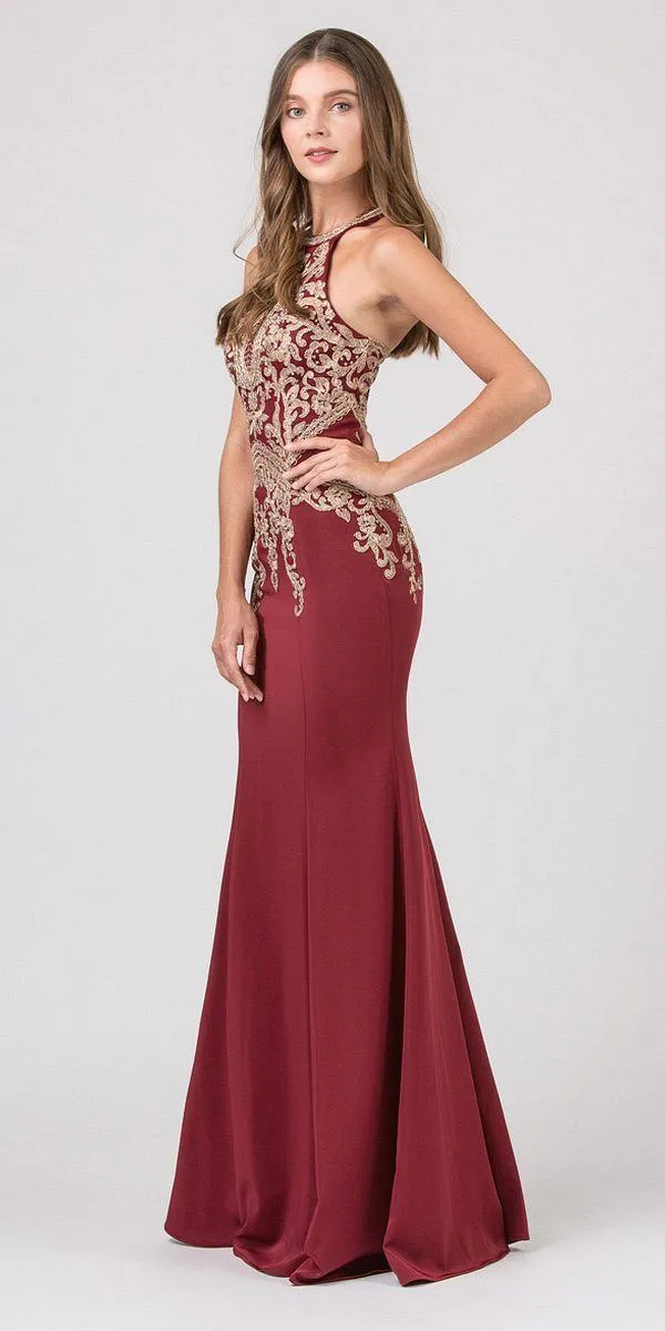Eureka 7033 Embroidered Halter Mermaid Long Dress Racer Back