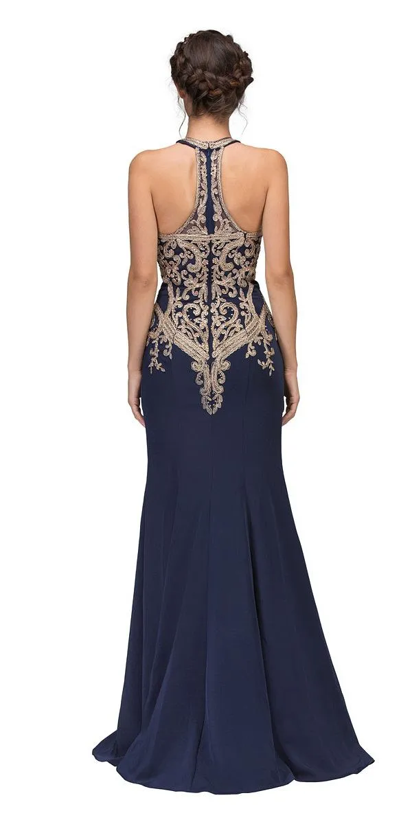 Eureka 7033 Embroidered Halter Mermaid Long Dress Racer Back
