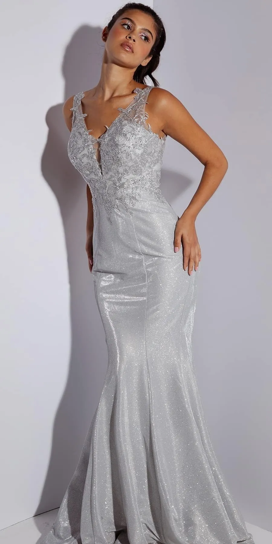 Eureka 9910 Long Fitted Glitter Jersey Dress V-Neckline