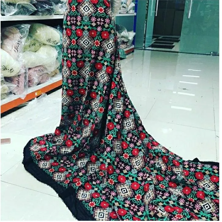 Geometric Floral Aztec Design Thread Embroidered Chiffon Fabric