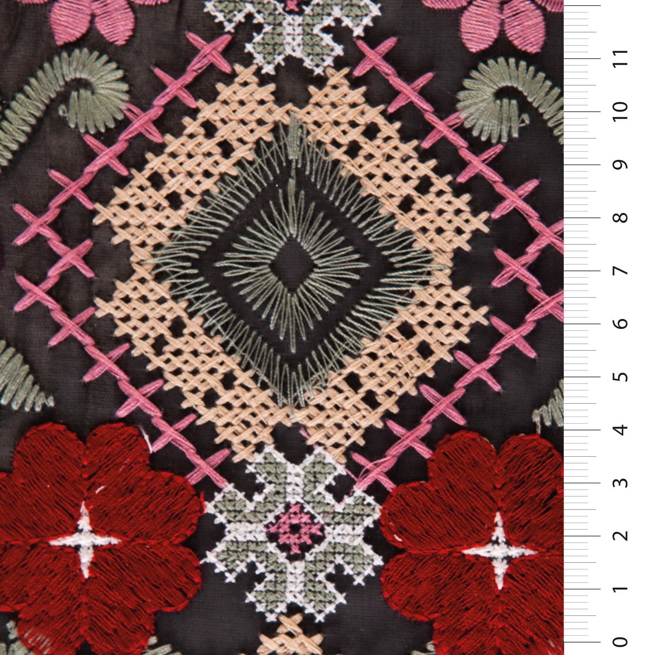 Geometric Floral Aztec Design Thread Embroidered Chiffon Fabric