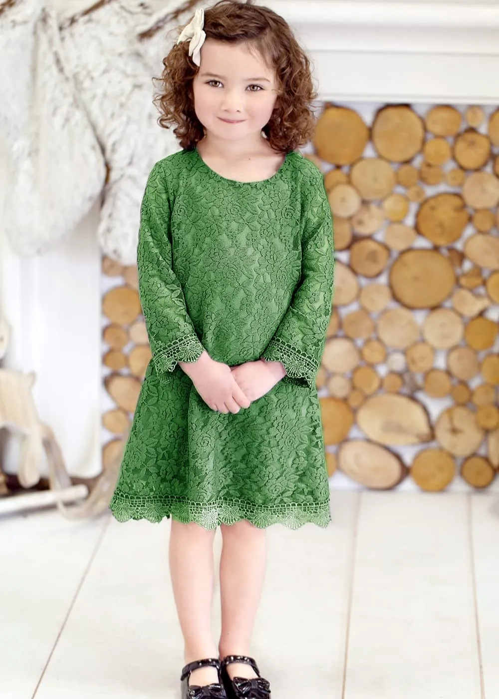 Girls' Boho Floral Lace Scalloped Hem Dress in sage
