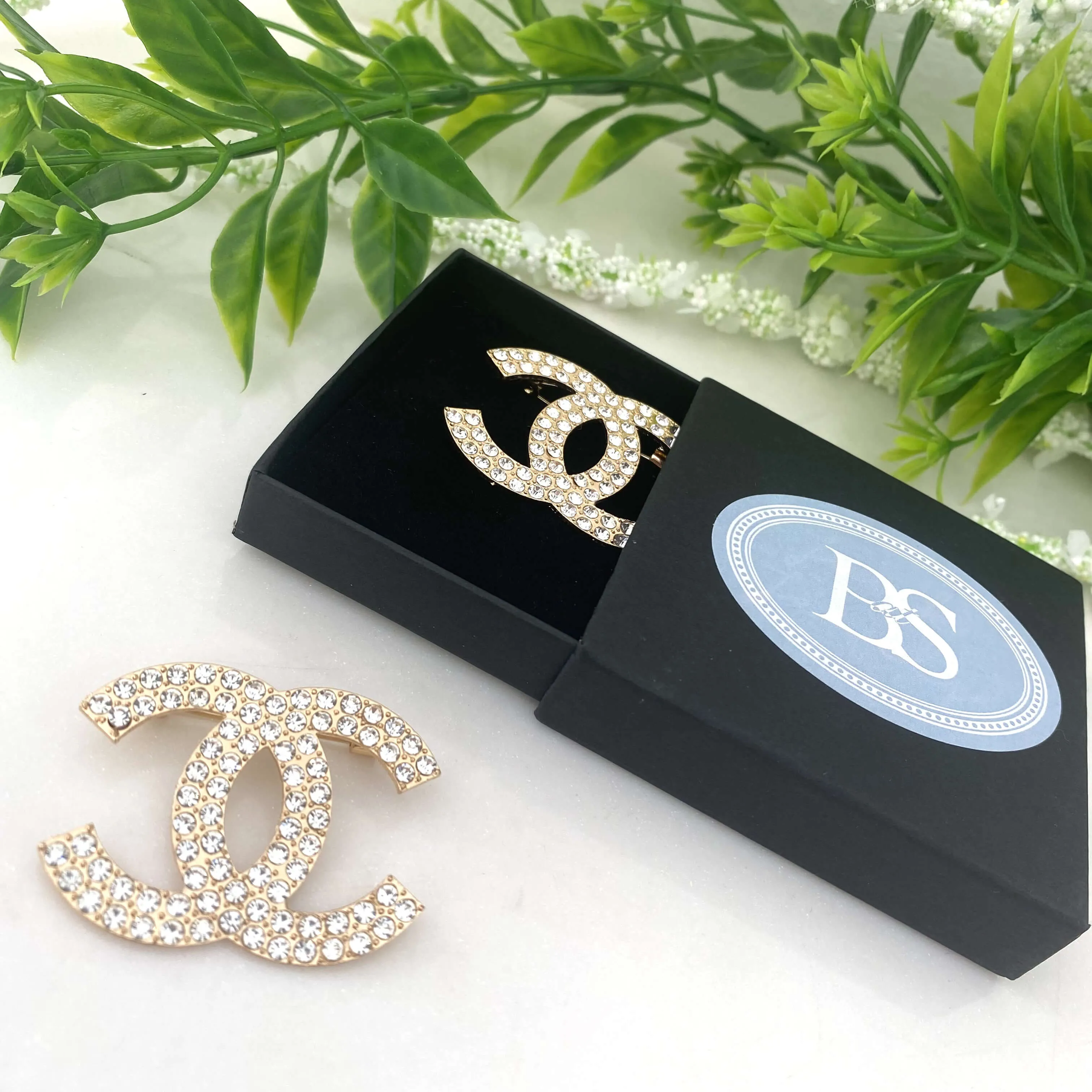 Gold CC Sparkly Brooch