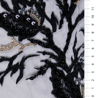Gold Color Flower Sequin Thread Embroidery Tulle Fabric with Scallop Edge Black
