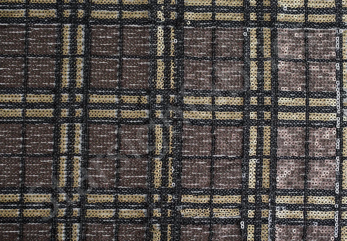 Gold Embroidered Fabric with Geometric Check Design