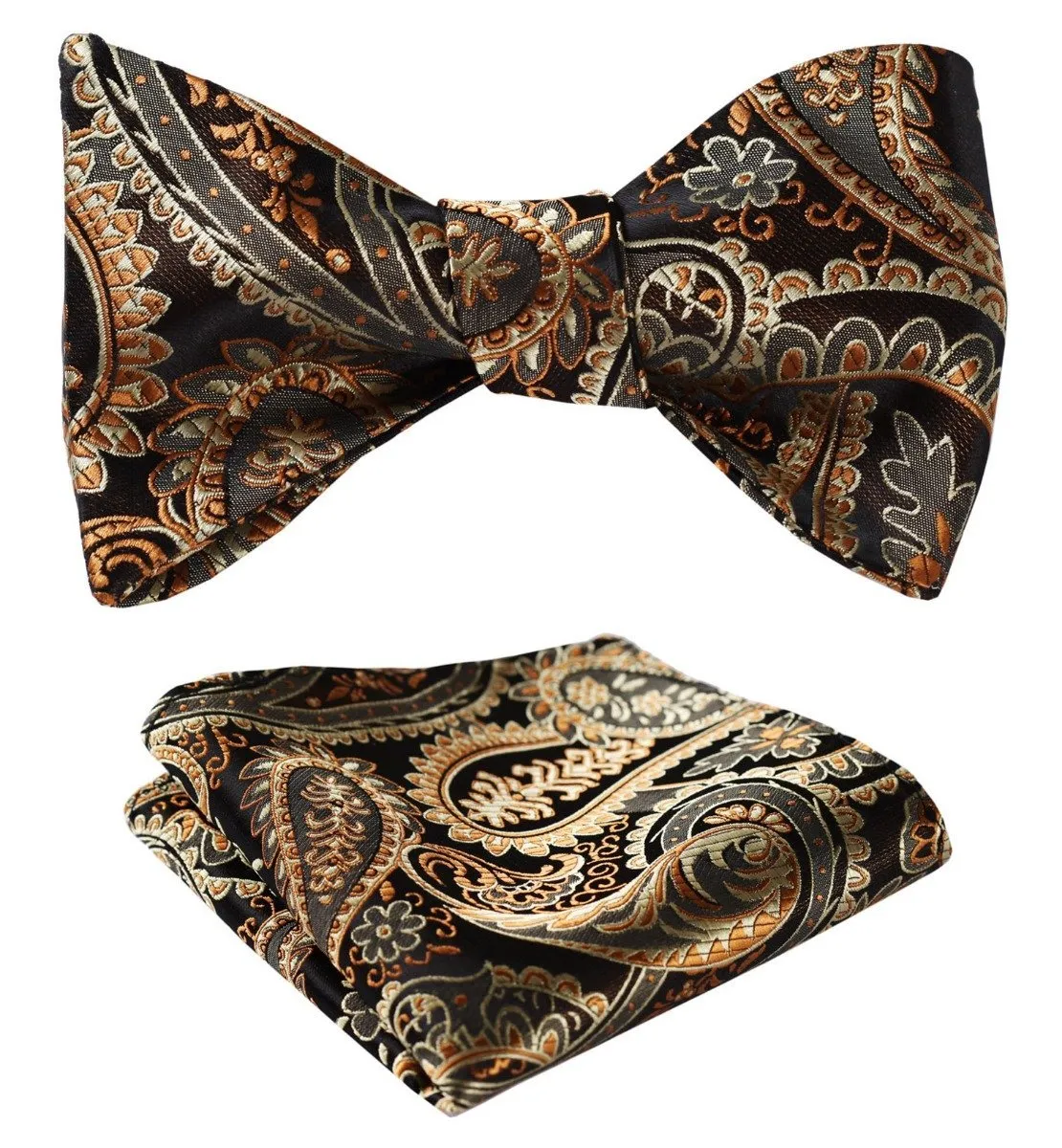 Gold Paisley Floral Mens Silk Self tie Bow Tie with Pocket Squares Set