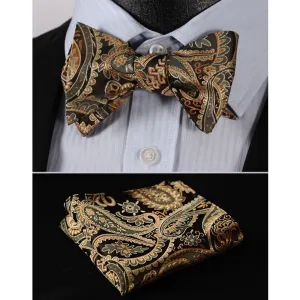 Gold Paisley Floral Mens Silk Self tie Bow Tie with Pocket Squares Set