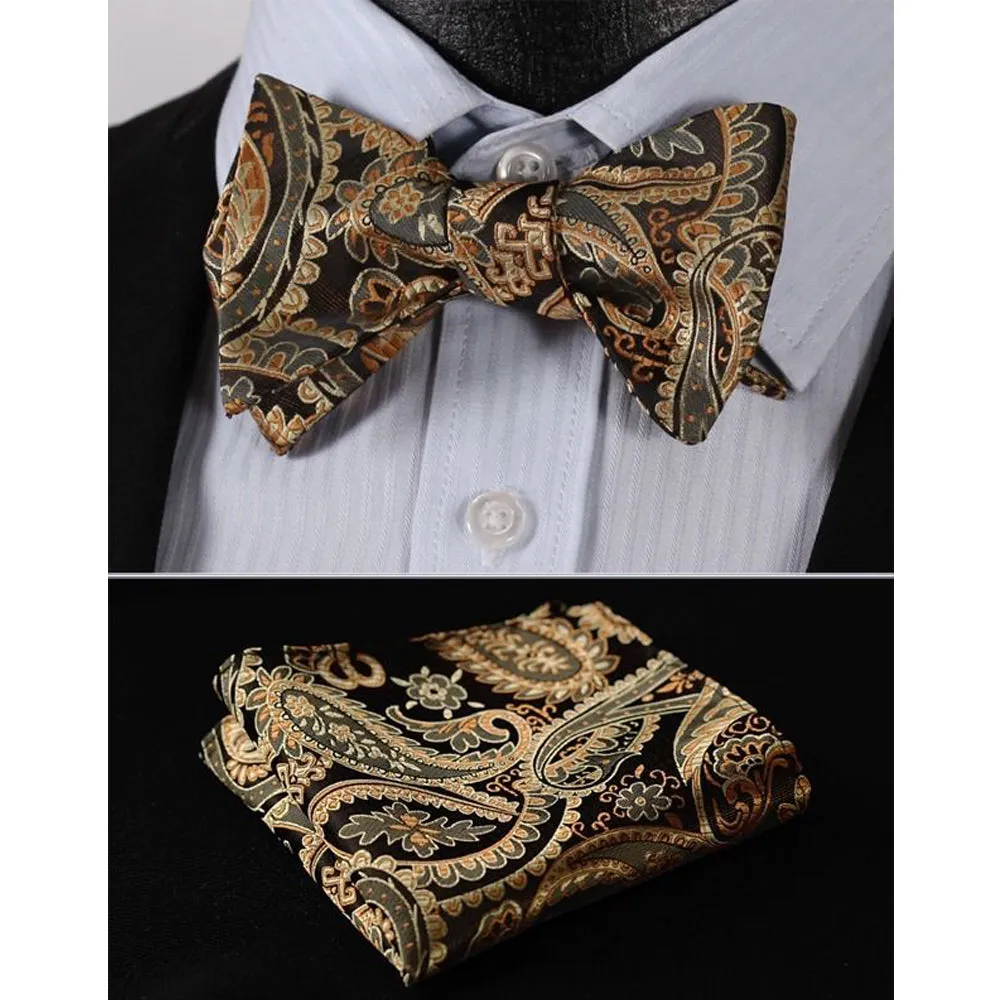 Gold Paisley Floral Mens Silk Self tie Bow Tie with Pocket Squares Set