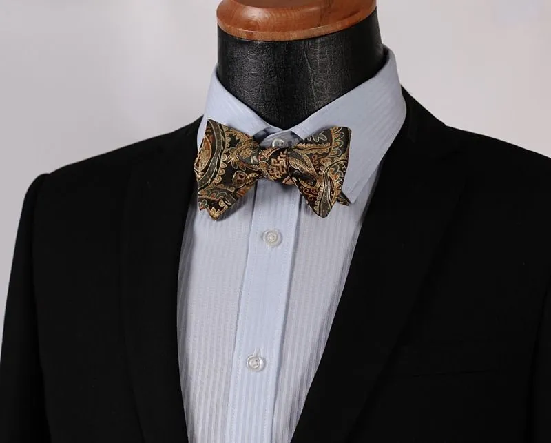 Gold Paisley Floral Mens Silk Self tie Bow Tie with Pocket Squares Set