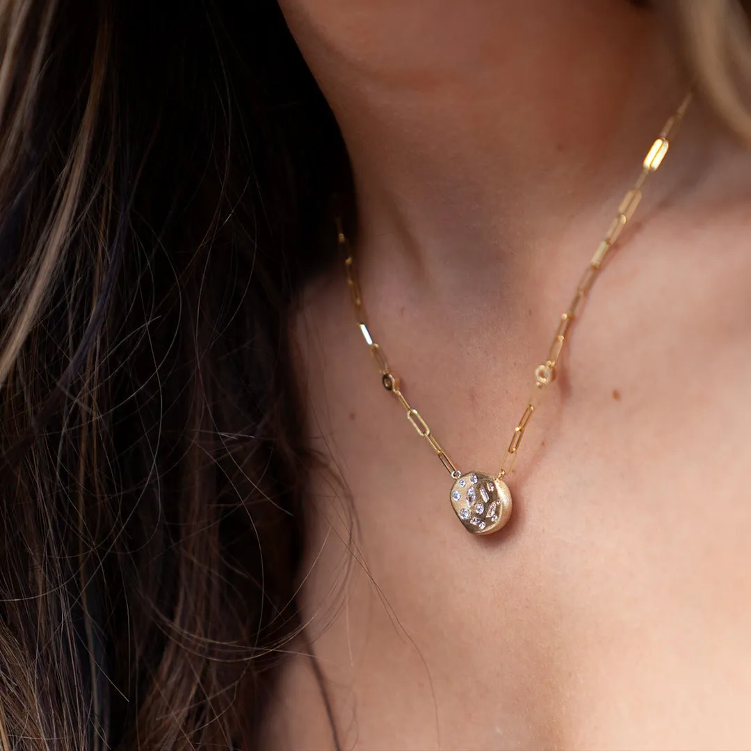 Gold Satin Finish Flush Set Diamond Disc Necklace