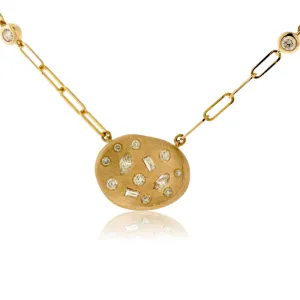 Gold Satin Finish Flush Set Diamond Disc Necklace