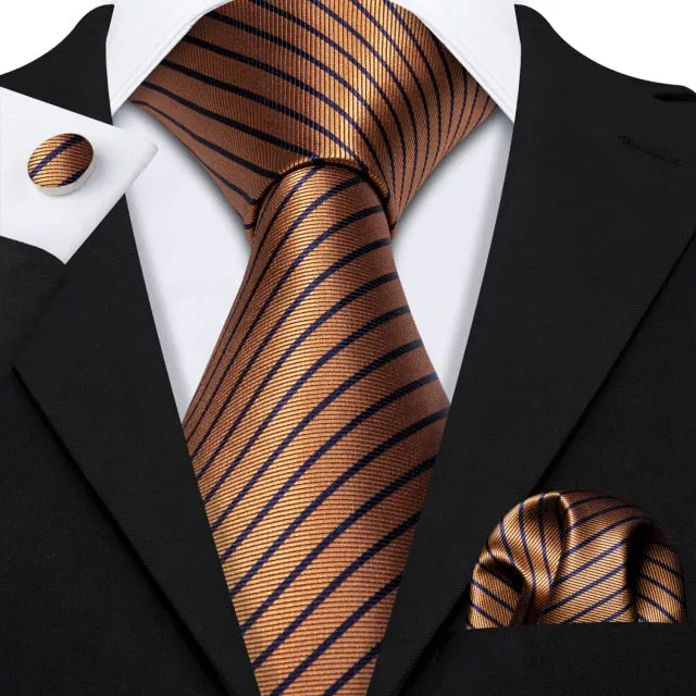 Gold Solid Tie Set Silk Tie For Men Business Gift Party Necktie Handkerchief Cravat Barry.Wang Fashion Designer Tie Set