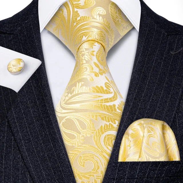 Gold Solid Tie Set Silk Tie For Men Business Gift Party Necktie Handkerchief Cravat Barry.Wang Fashion Designer Tie Set