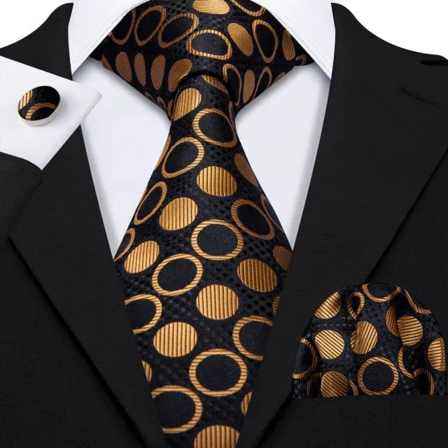 Gold Solid Tie Set Silk Tie For Men Business Gift Party Necktie Handkerchief Cravat Barry.Wang Fashion Designer Tie Set