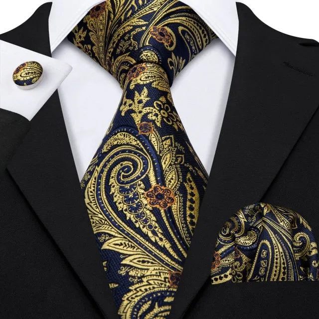 Gold Solid Tie Set Silk Tie For Men Business Gift Party Necktie Handkerchief Cravat Barry.Wang Fashion Designer Tie Set