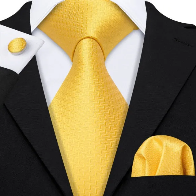 Gold Solid Tie Set Silk Tie For Men Business Gift Party Necktie Handkerchief Cravat Barry.Wang Fashion Designer Tie Set