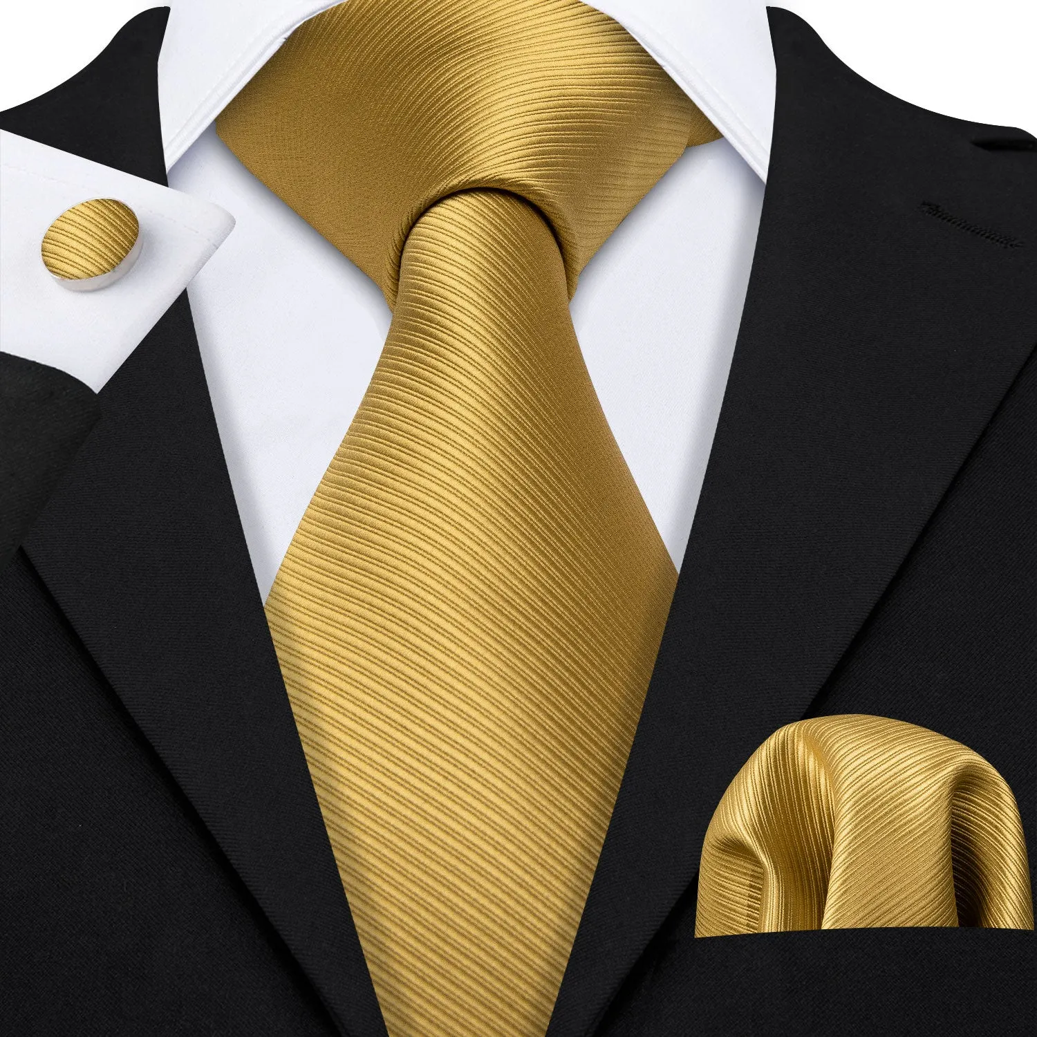 Gold Solid Tie Set Silk Tie For Men Business Gift Party Necktie Handkerchief Cravat Barry.Wang Fashion Designer Tie Set