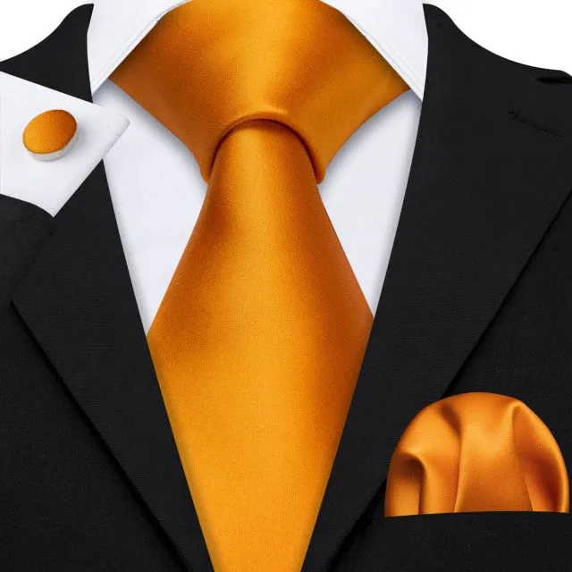 Gold Solid Tie Set Silk Tie For Men Business Gift Party Necktie Handkerchief Cravat Barry.Wang Fashion Designer Tie Set