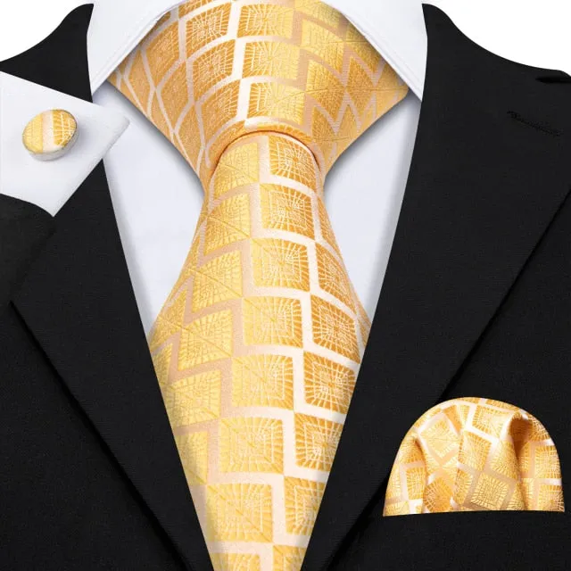 Gold Solid Tie Set Silk Tie For Men Business Gift Party Necktie Handkerchief Cravat Barry.Wang Fashion Designer Tie Set