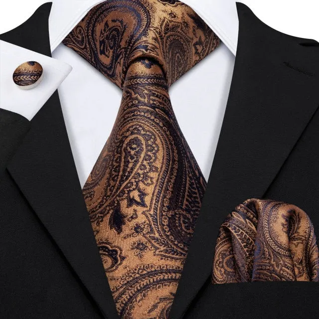 Gold Solid Tie Set Silk Tie For Men Business Gift Party Necktie Handkerchief Cravat Barry.Wang Fashion Designer Tie Set