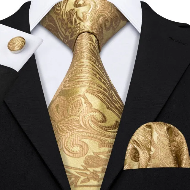 Gold Solid Tie Set Silk Tie For Men Business Gift Party Necktie Handkerchief Cravat Barry.Wang Fashion Designer Tie Set