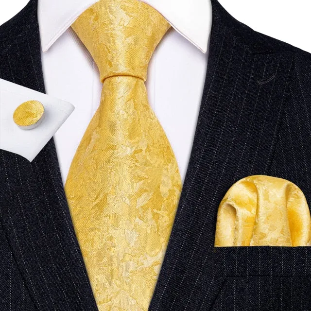 Gold Solid Tie Set Silk Tie For Men Business Gift Party Necktie Handkerchief Cravat Barry.Wang Fashion Designer Tie Set