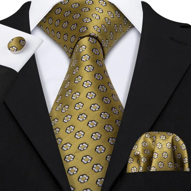 Gold Solid Tie Set Silk Tie For Men Business Gift Party Necktie Handkerchief Cravat Barry.Wang Fashion Designer Tie Set