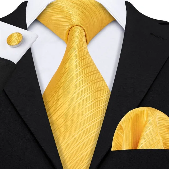 Gold Solid Tie Set Silk Tie For Men Business Gift Party Necktie Handkerchief Cravat Barry.Wang Fashion Designer Tie Set
