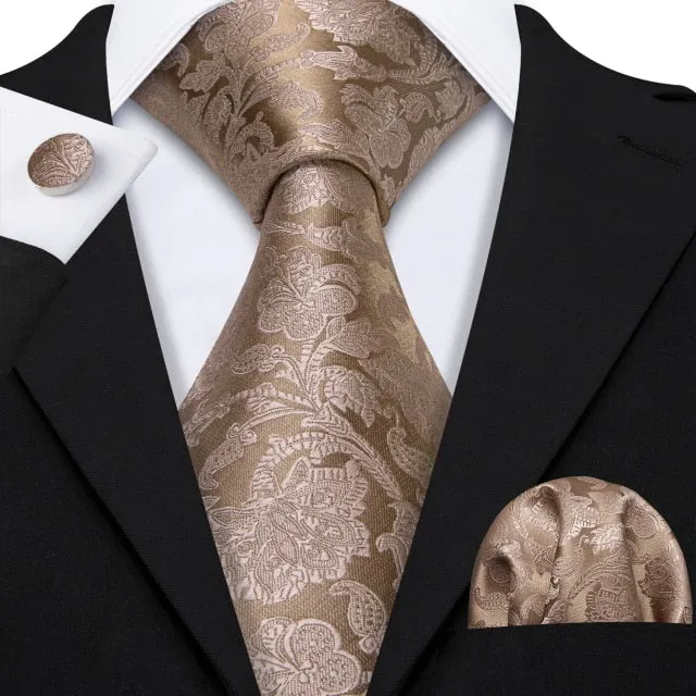 Gold Solid Tie Set Silk Tie For Men Business Gift Party Necktie Handkerchief Cravat Barry.Wang Fashion Designer Tie Set