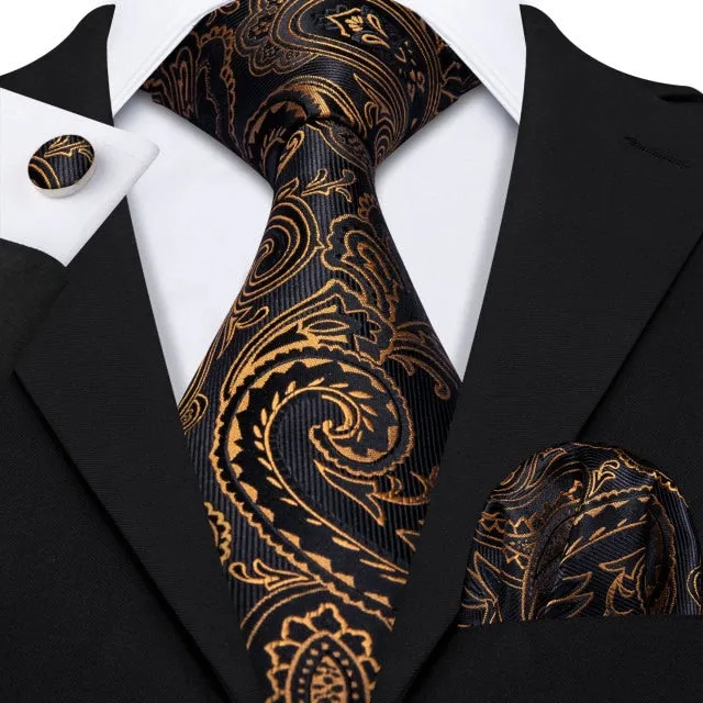 Gold Solid Tie Set Silk Tie For Men Business Gift Party Necktie Handkerchief Cravat Barry.Wang Fashion Designer Tie Set