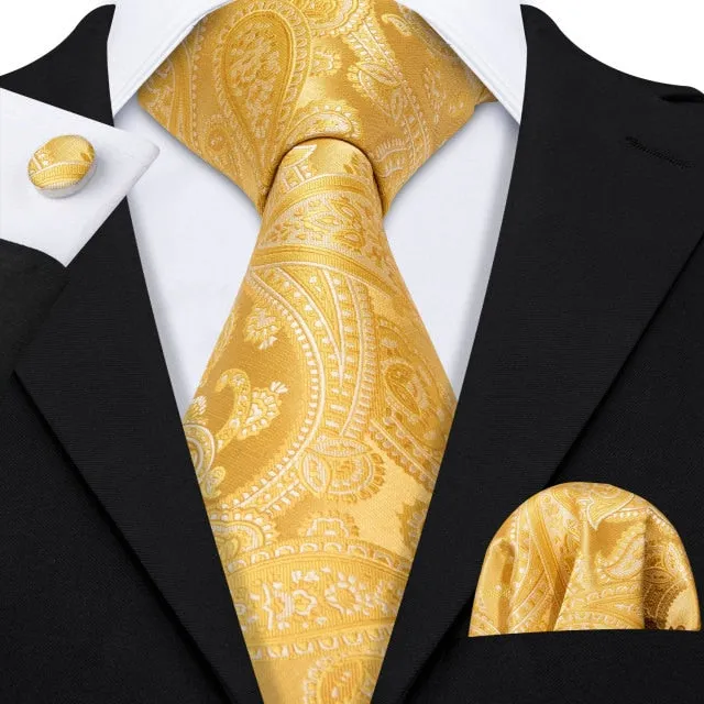 Gold Solid Tie Set Silk Tie For Men Business Gift Party Necktie Handkerchief Cravat Barry.Wang Fashion Designer Tie Set