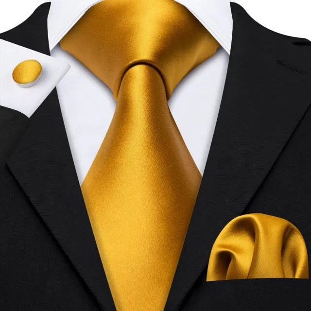 Gold Solid Tie Set Silk Tie For Men Business Gift Party Necktie Handkerchief Cravat Barry.Wang Fashion Designer Tie Set