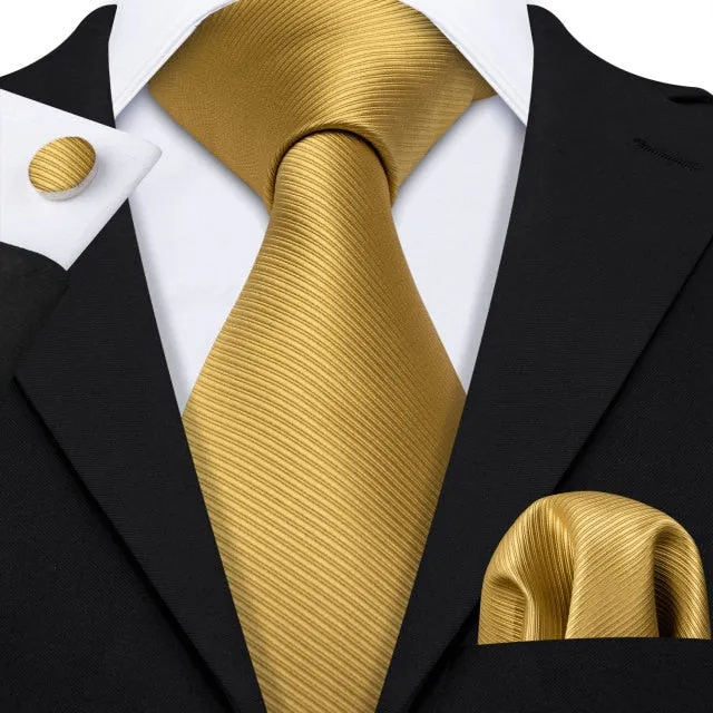 Gold Solid Tie Set Silk Tie For Men Business Gift Party Necktie Handkerchief Cravat Barry.Wang Fashion Designer Tie Set