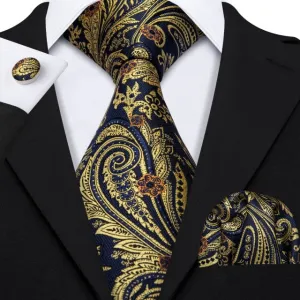 Gold Solid Tie Set Silk Tie For Men Business Gift Party Necktie Handkerchief Cravat Barry.Wang Fashion Designer Tie Set