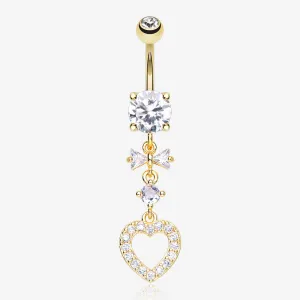 Golden Grand Heart Bow-Tie Gem Sparkle Dangle Belly Button Ring