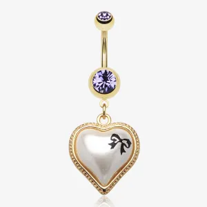 Golden Puffed Pearl Heart Ribbon Belly Ring