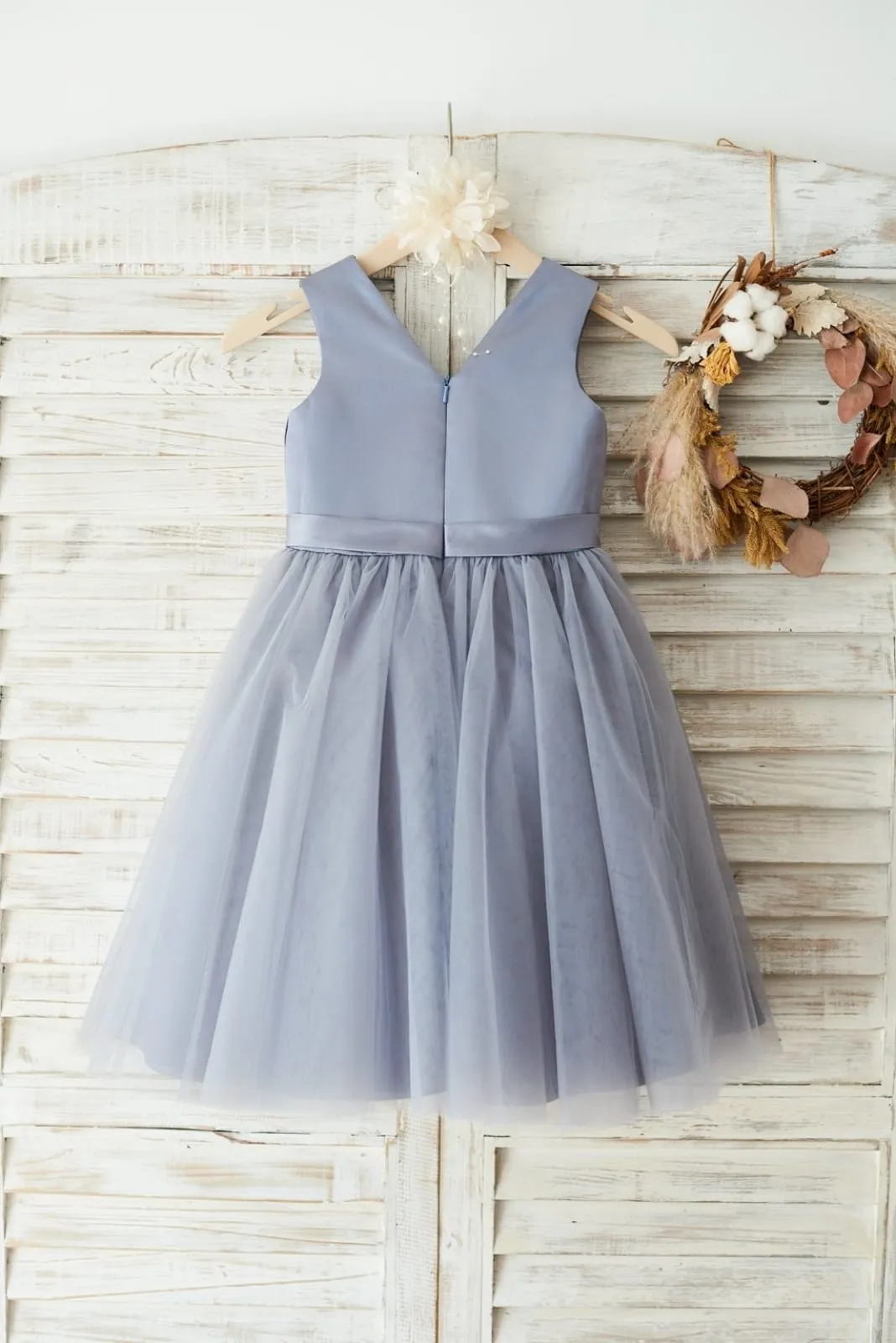 Gray Satin Tulle V Neckline Wedding Flower Girl Dress, Belt