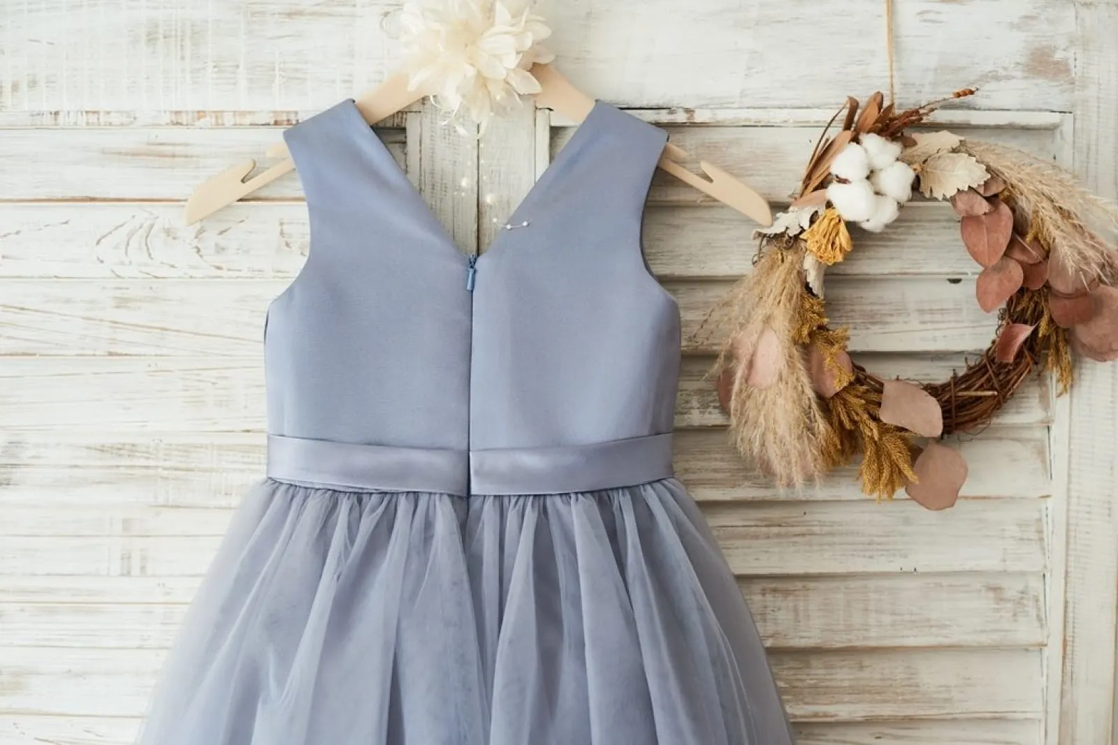 Gray Satin Tulle V Neckline Wedding Flower Girl Dress, Belt