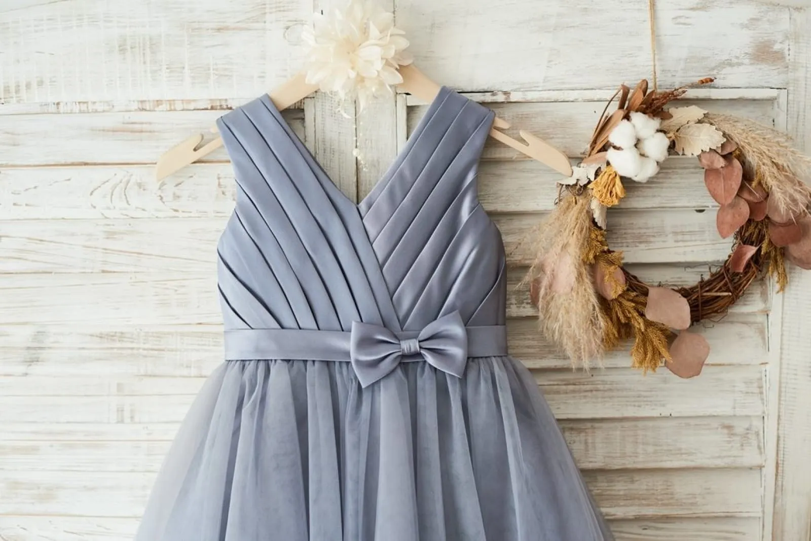 Gray Satin Tulle V Neckline Wedding Flower Girl Dress, Belt