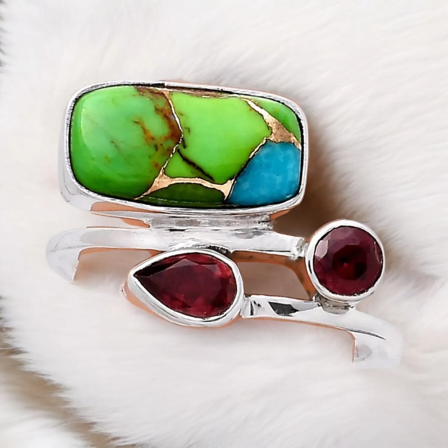 Green & Blue Turquoise & Garnet Solid 925 Sterling Silver Ring 7.5