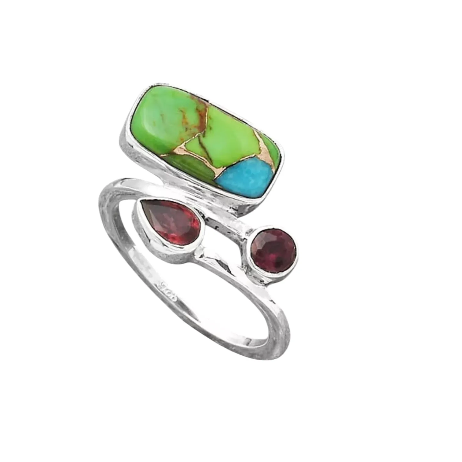 Green & Blue Turquoise & Garnet Solid 925 Sterling Silver Ring 7.5