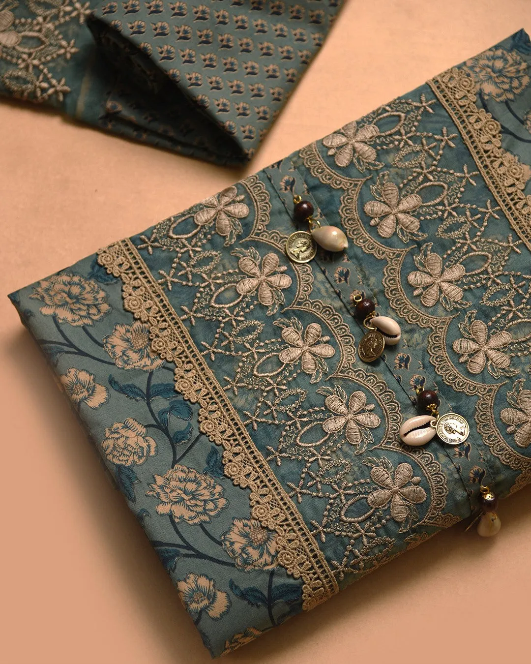 Green Cotton Printed With Embroidery Unstitched Suit Fabric Set With Cotton Dupatta