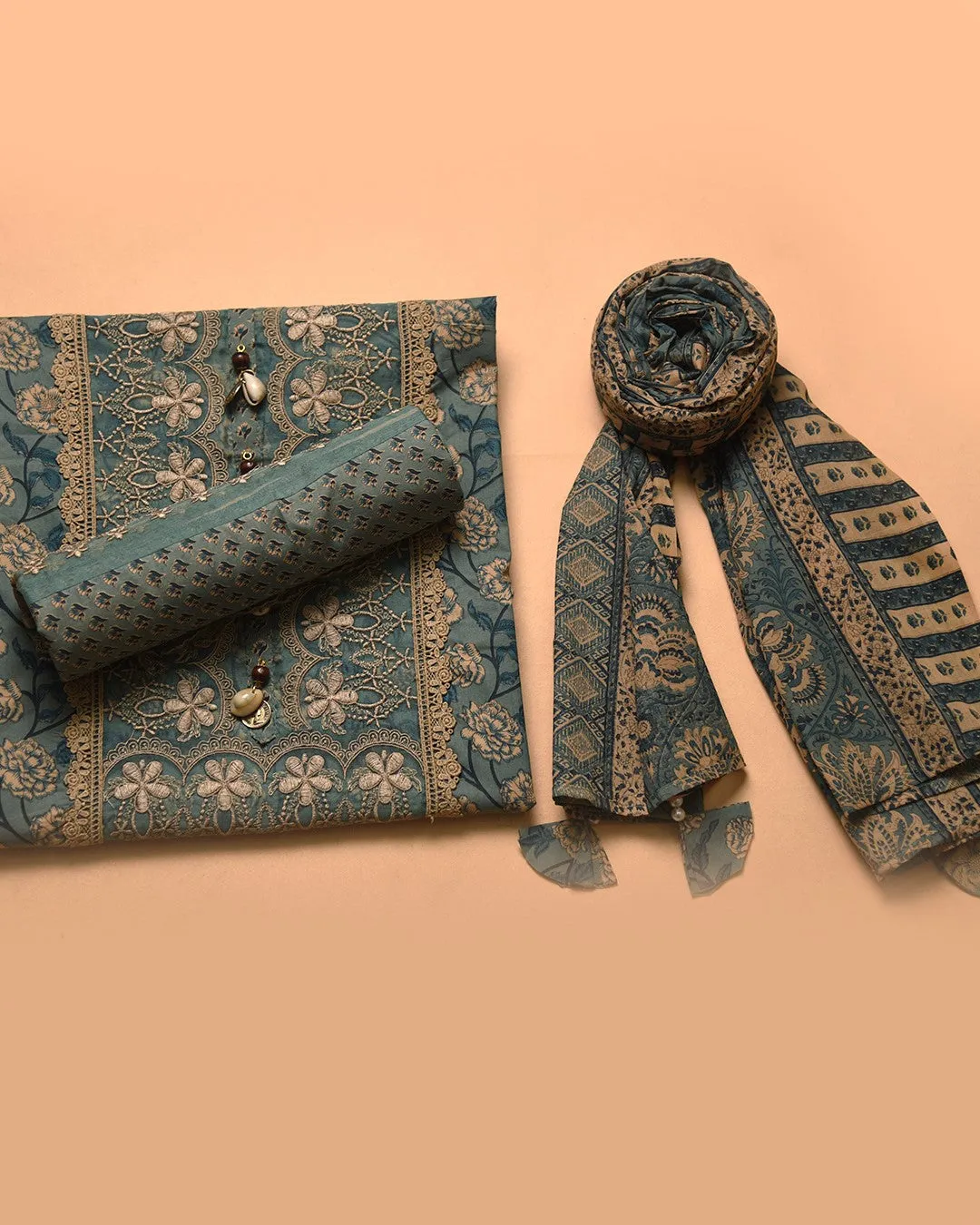 Green Cotton Printed With Embroidery Unstitched Suit Fabric Set With Cotton Dupatta