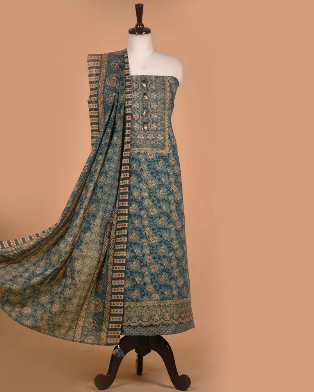 Green Cotton Printed With Embroidery Unstitched Suit Fabric Set With Cotton Dupatta
