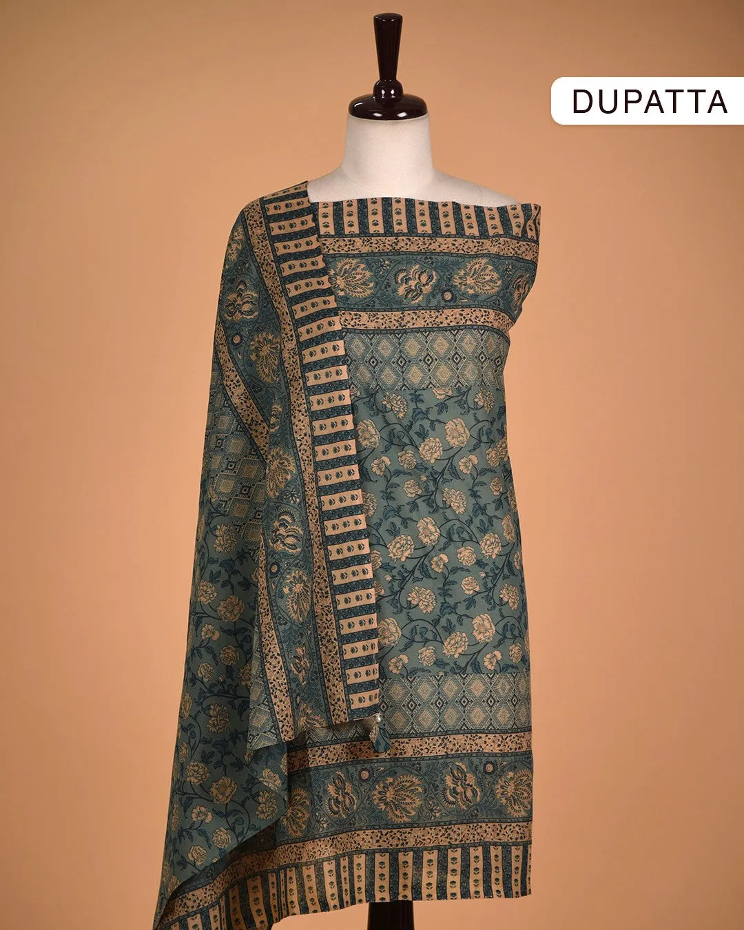 Green Cotton Printed With Embroidery Unstitched Suit Fabric Set With Cotton Dupatta