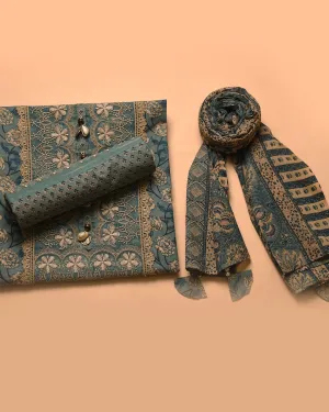 Green Cotton Printed With Embroidery Unstitched Suit Fabric Set With Cotton Dupatta