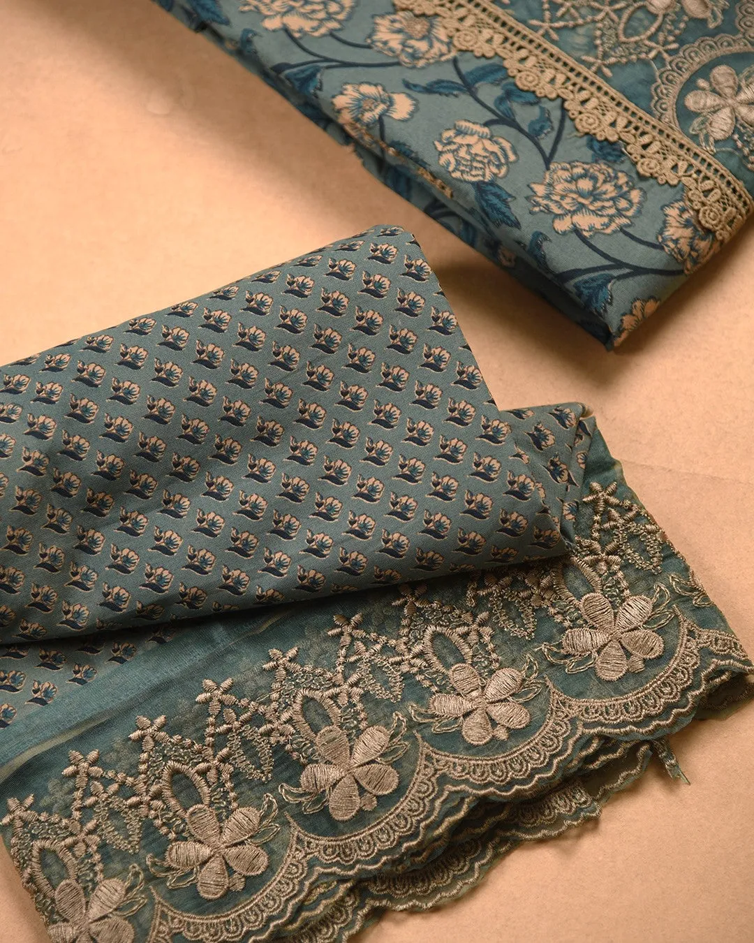 Green Cotton Printed With Embroidery Unstitched Suit Fabric Set With Cotton Dupatta