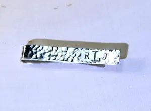 Hammered sterling silver tie clip with personalized monogram on tie bar