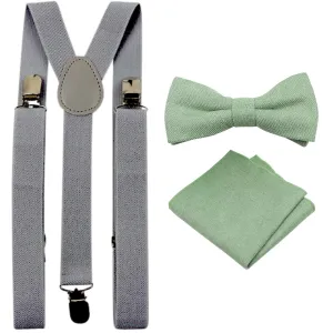 Harrison Sage Green Adult Cotton Bow Tie, Pocket Square and Slate Grey Braces Set