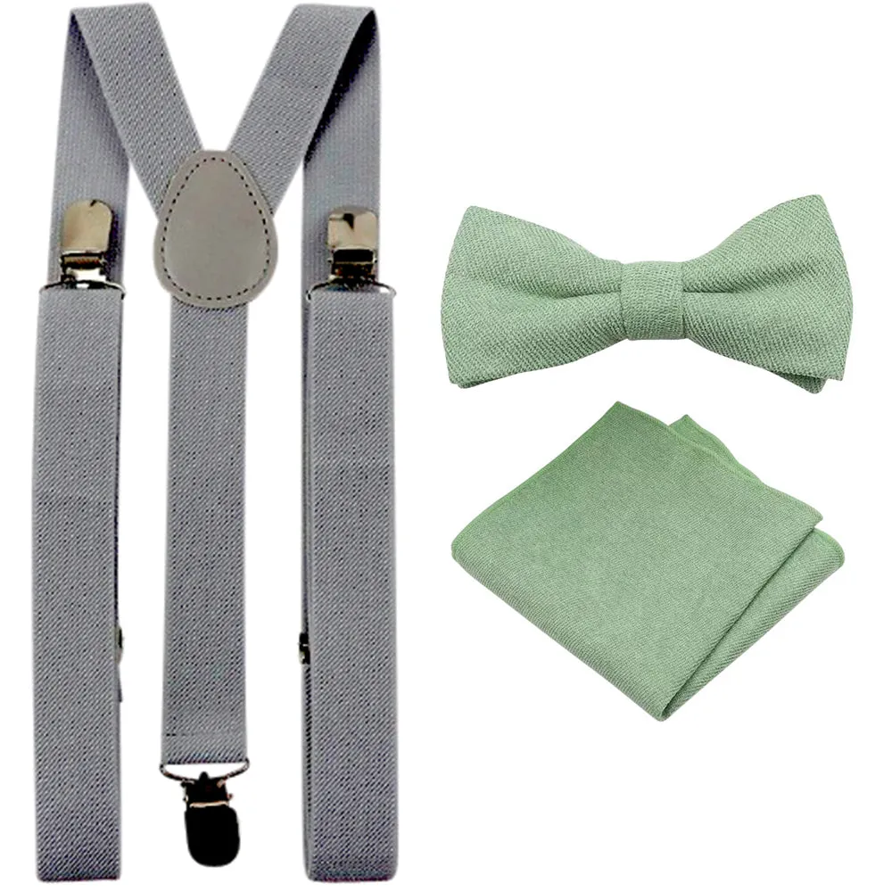 Harrison Sage Green Adult Cotton Bow Tie, Pocket Square and Slate Grey Braces Set